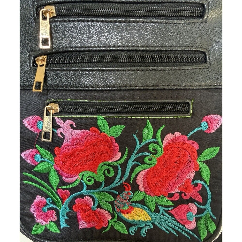 Boho Embroidered Floral Crossbody Bag Black Expandable Multi Zip Purse Folk Art